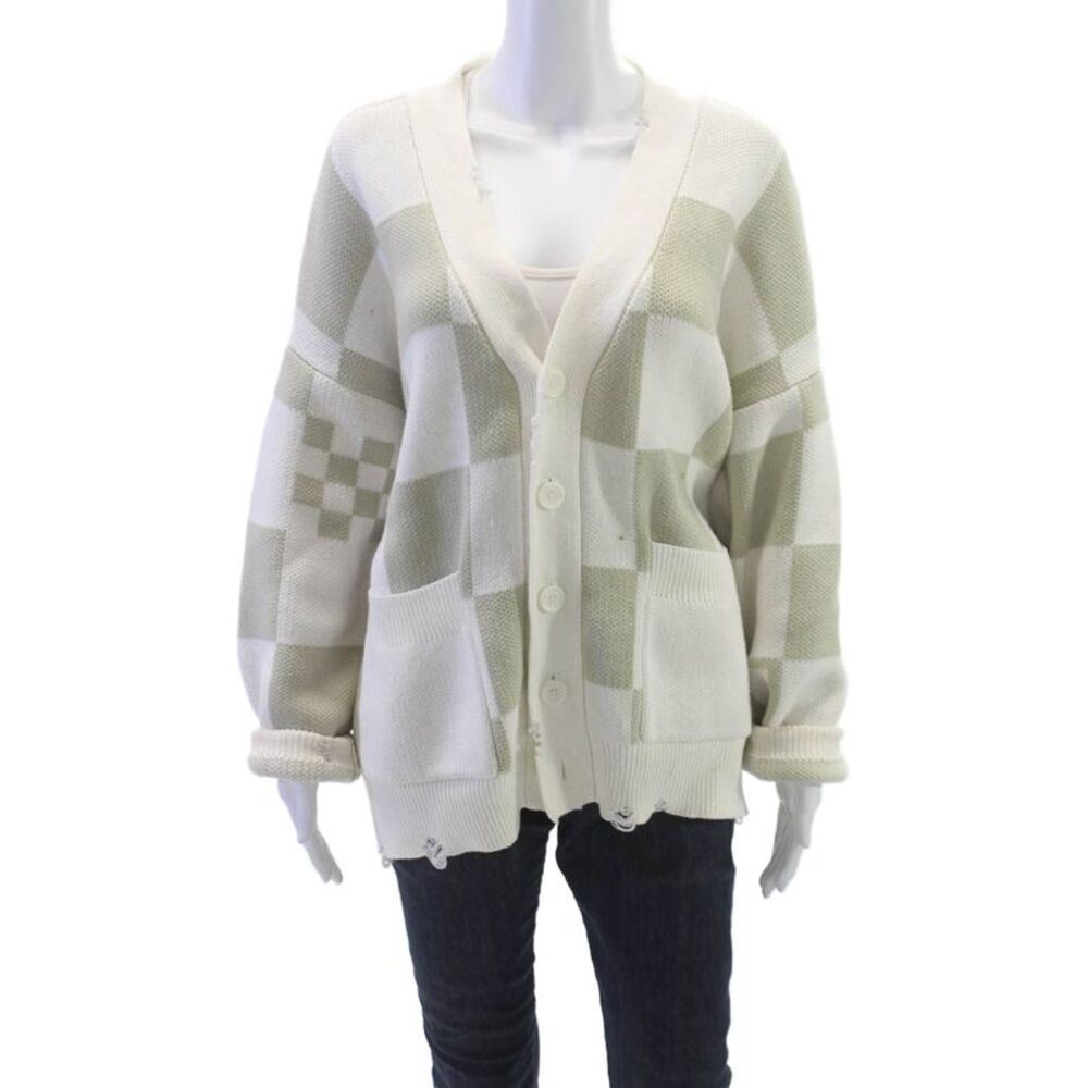 Five CM Women Cardigan White Check Cotton V Neck Long Sleeve Fall Size XS